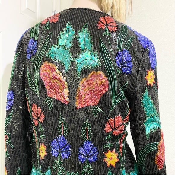 Vintage 80’s 90’s Abstract Floral Print Fully Beaded Sequined Blazer Jacket M - Picture 9 of 16